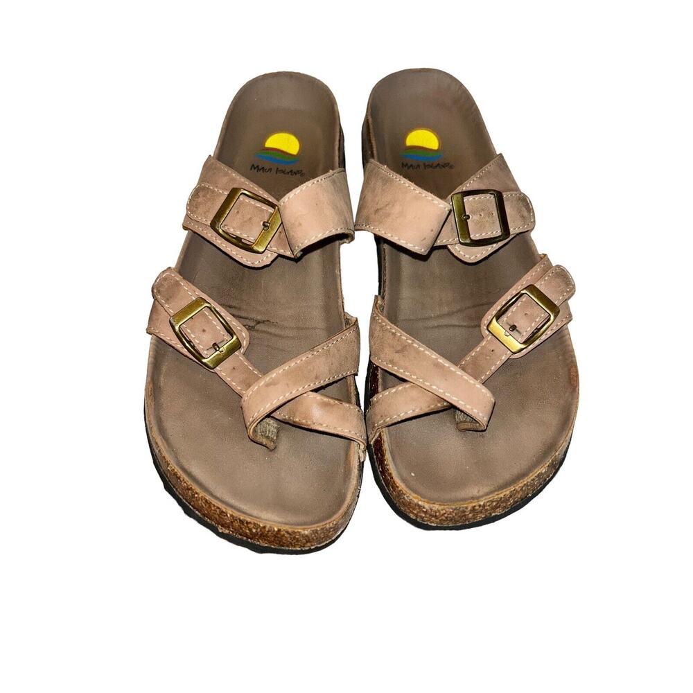 Maui Island Tan Slip On‎ Buckle Sandals Women 9M Walk Comfort Beach Vacation